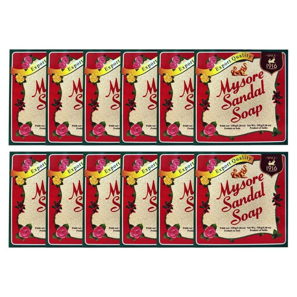 Mysore sandal soap front packaging showing pack of twelve and brand for value