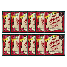 Mysore sandal soap front packaging showing pack of twelve and brand for value