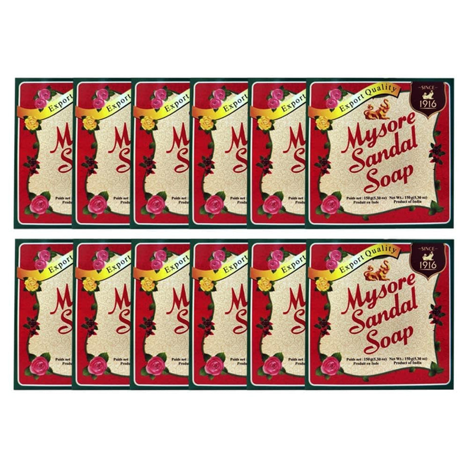 Mysore sandal soap front packaging showing pack of twelve and brand for value