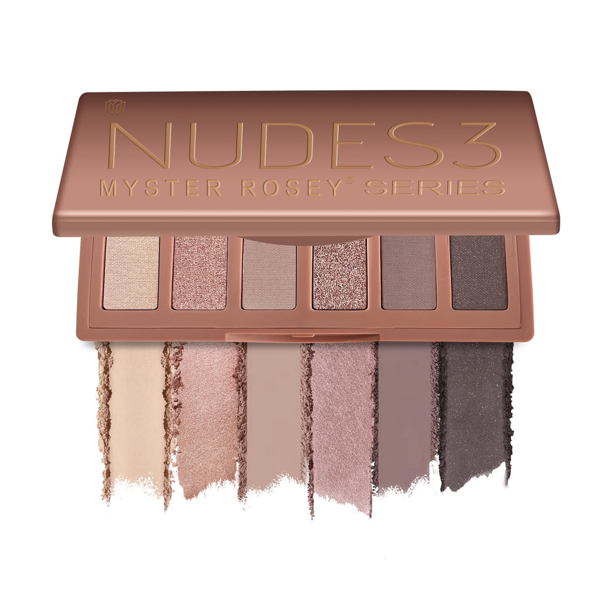 MYSTER ROSEY front packaging showing six matte nude pans and travel-friendly case