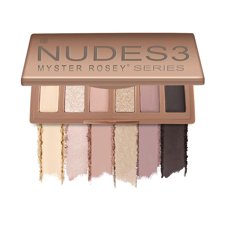 MYSTER ROSEY palette front open showing six nude mattes and compact benefit
