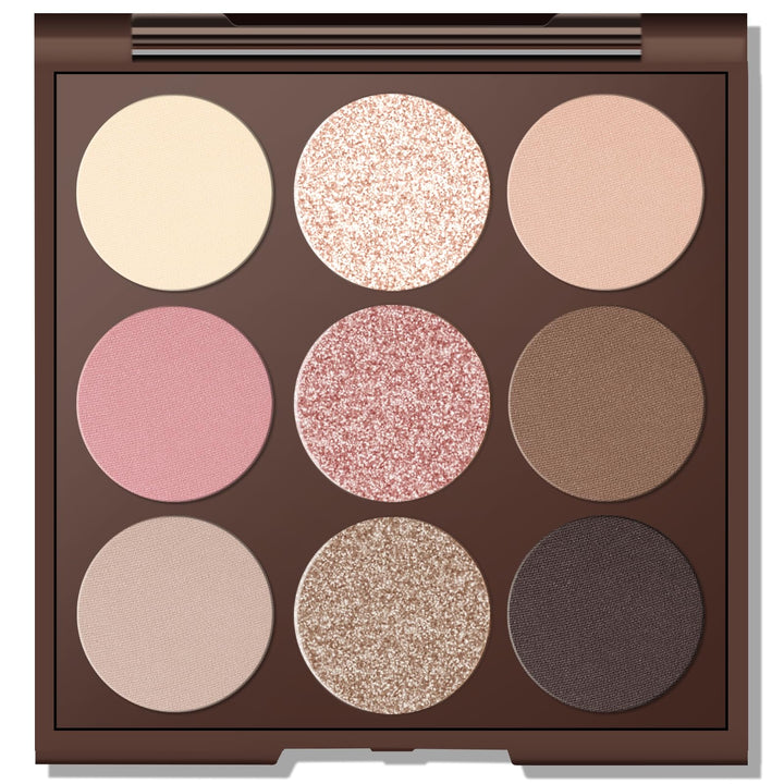 MYSTER ROSEY palette front view showing nine neutral shades and compact case for travel