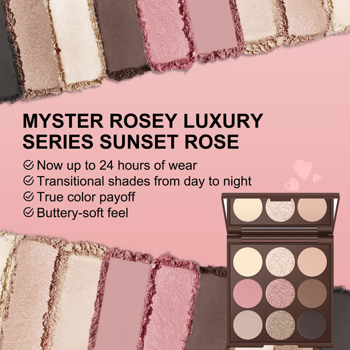 MYSTER ROSEY swatches on arm showing shade range and easy buildable payoff