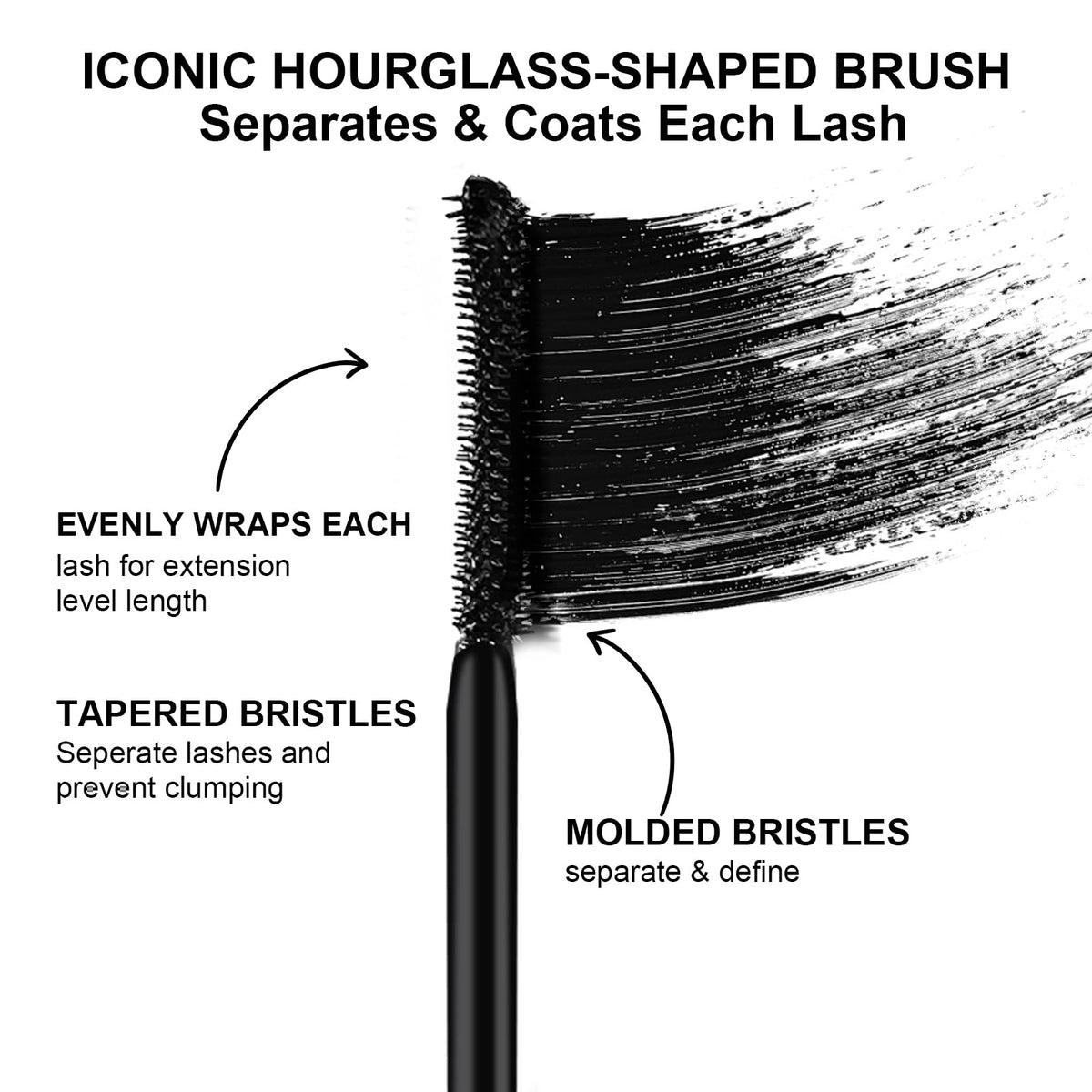 MYSTER ROSEY wand with mascara stroke demonstrating buildable length