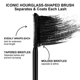 MYSTER ROSEY wand with mascara stroke demonstrating buildable length