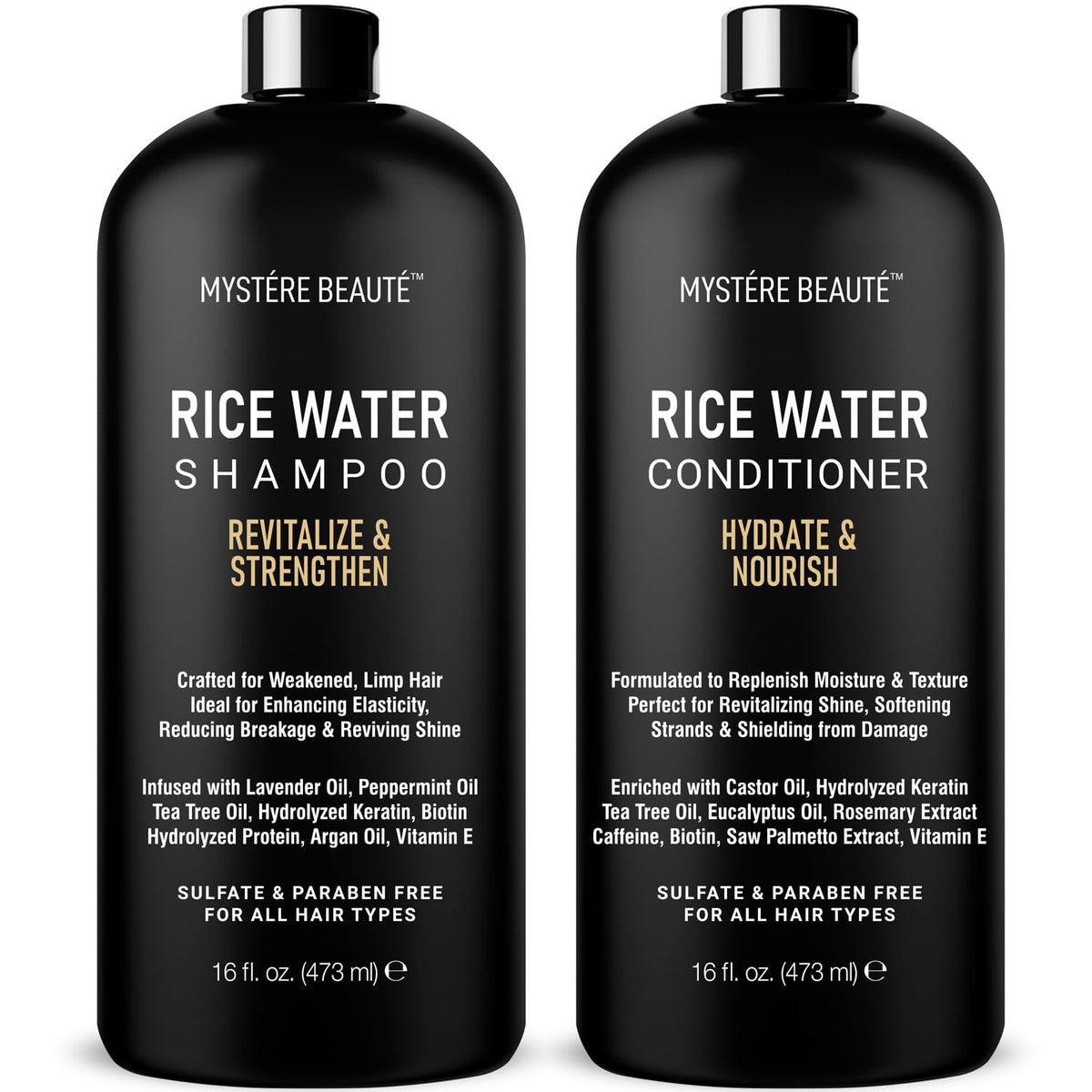 MYSTÉRE BEAUTÉ front packaging showing rice water strengthening duo