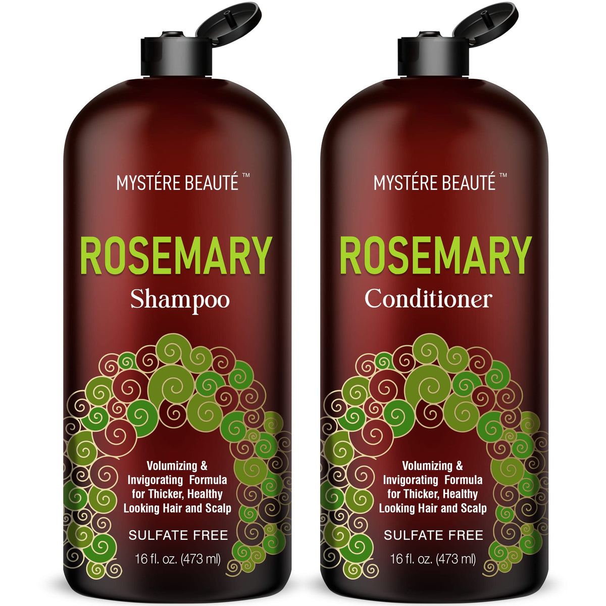 MYSTÉRE BEAUTÉ front packaging of rosemary shampoo and conditioner showing duo benefits