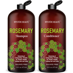 MYSTÉRE BEAUTÉ front packaging of rosemary shampoo and conditioner showing duo benefits