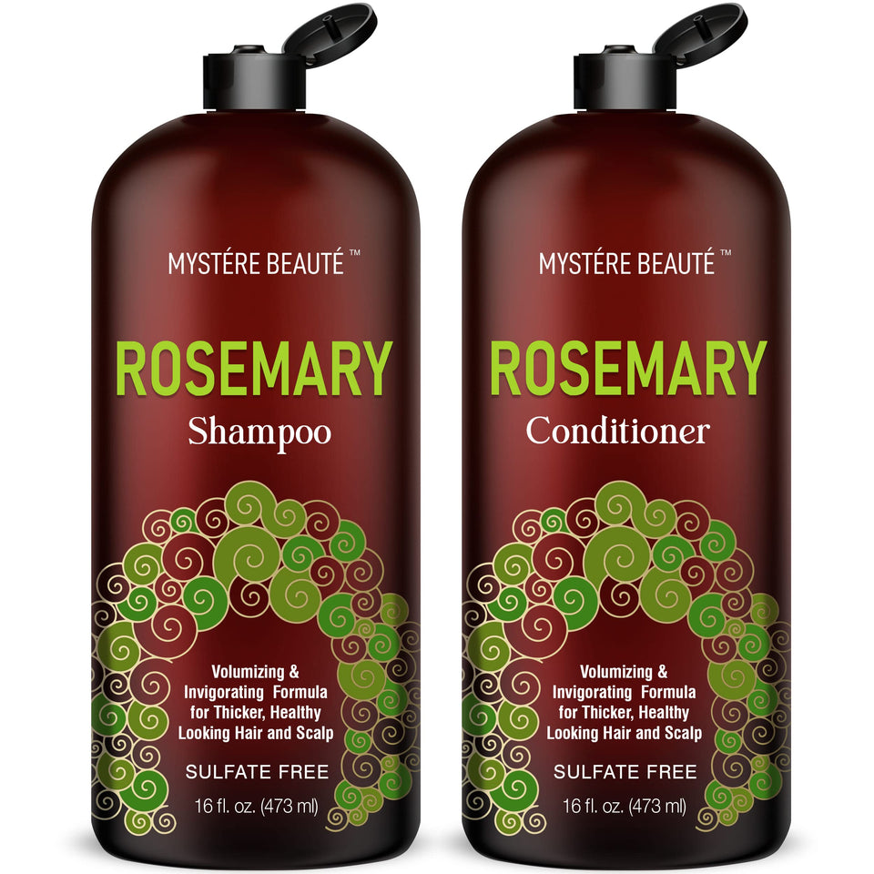 MYSTÉRE BEAUTÉ front packaging of rosemary shampoo and conditioner showing duo benefits