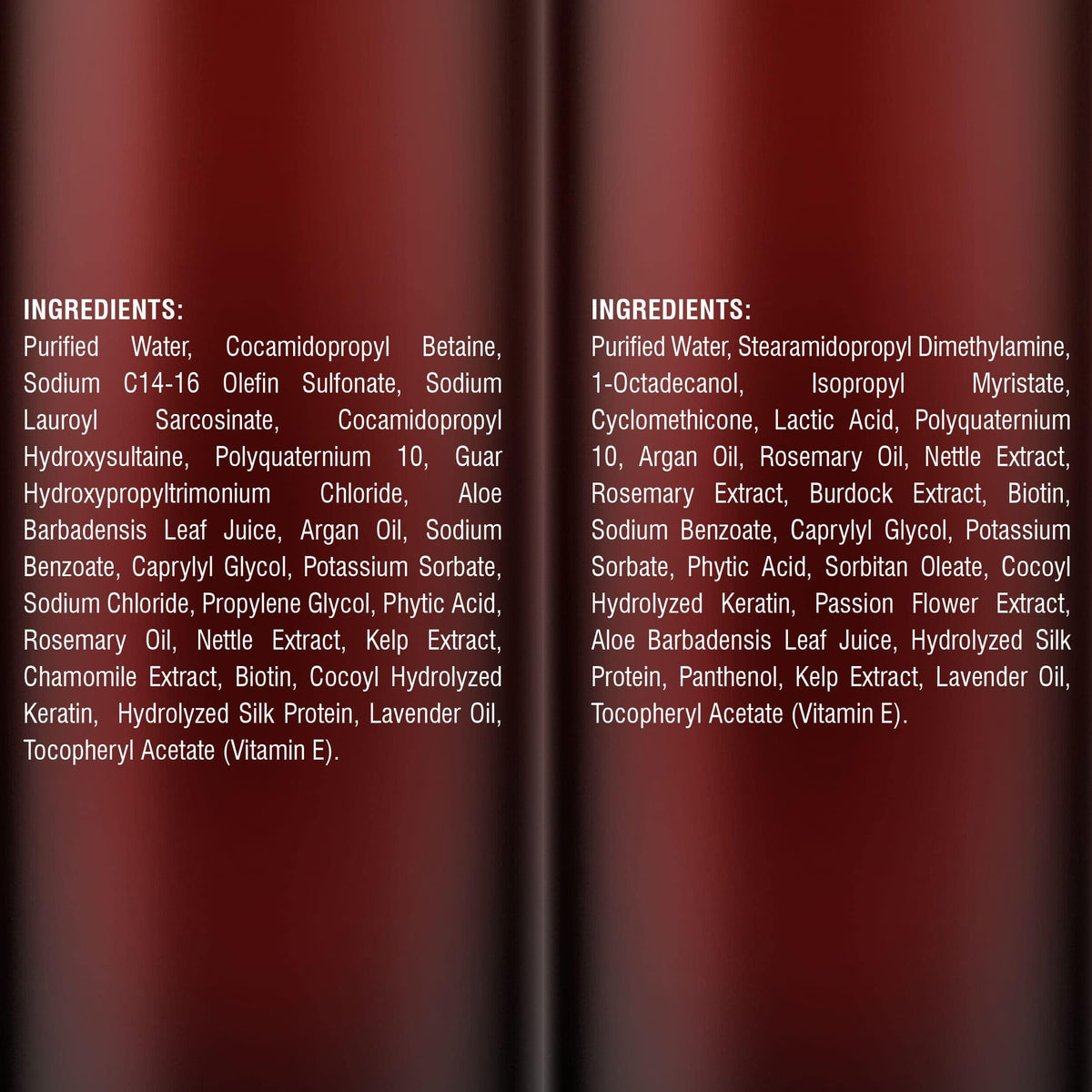 MYSTÉRE BEAUTÉ product label close-up displaying biotin, keratin, and argan oil callouts
