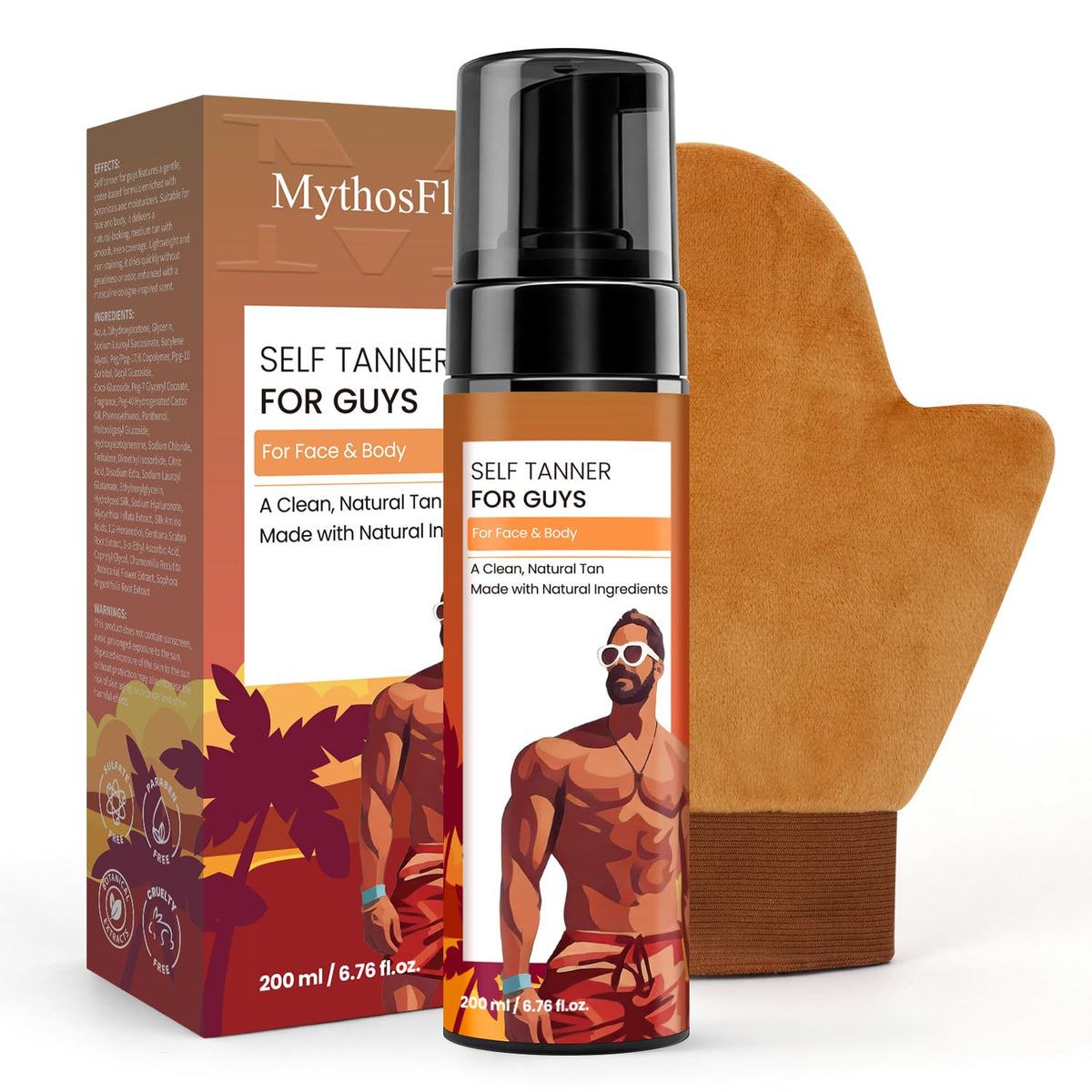 MythosFlow front packaging shows mousse bottle and mitt for easy identification and quick use
