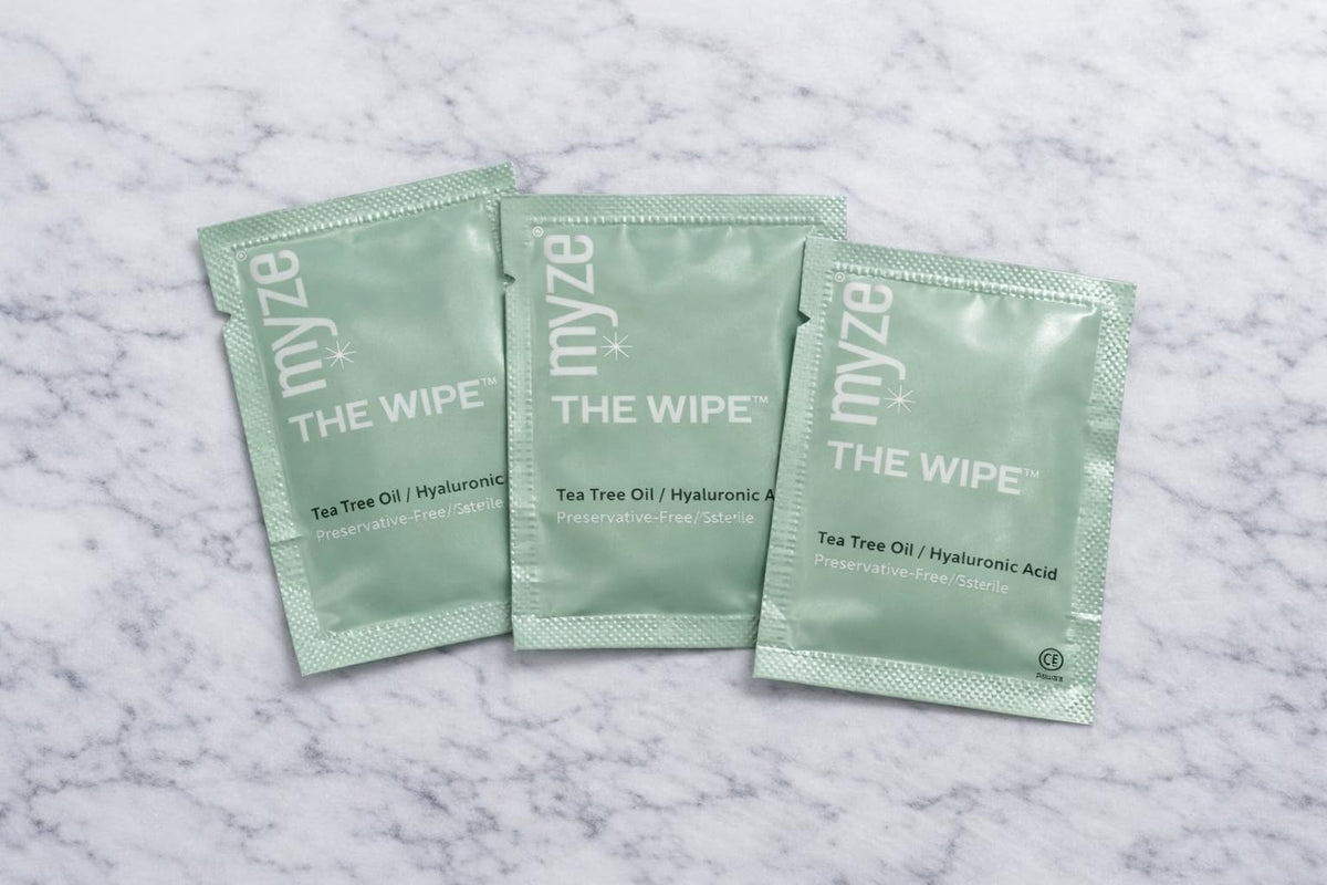 Myze The Wipe demonstrated in hand wiping eyelid to show gentle, effective cleaning