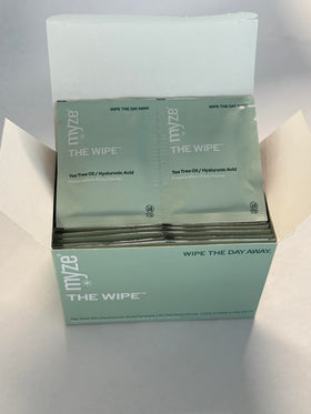 Myze The Wipe ingredients label close-up highlighting tea tree and hyaluronic hydration benefits