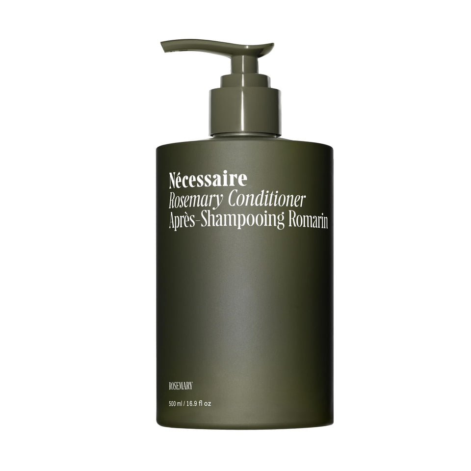 Nécessaire front view of rosemary conditioner bottle, clear product benefit