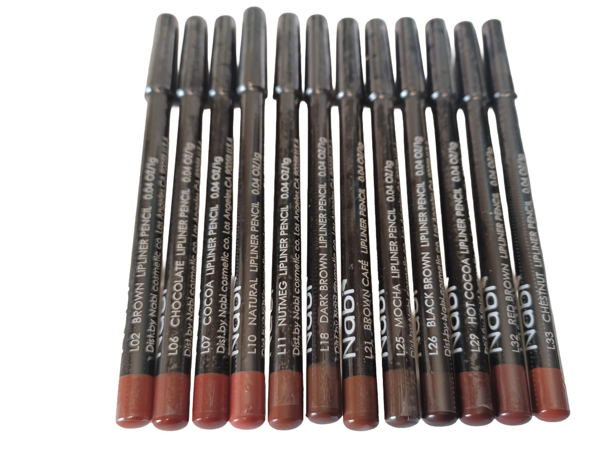 Nabi front packaging showing 12 brown lip liners for organized travel convenience