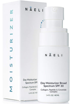 NAELI front packaging showing SPF 30 and benefits, clear protection claim