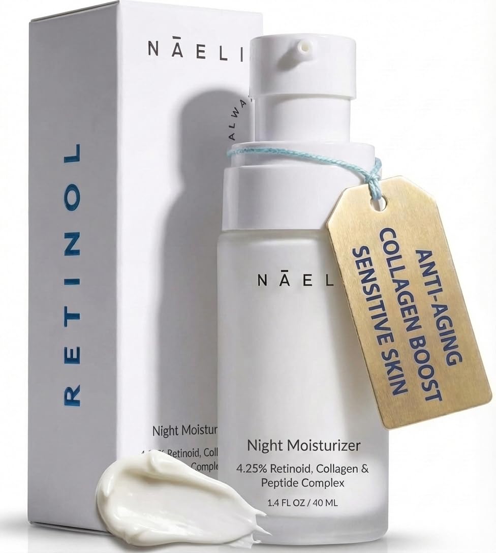 NAELI retinoid cream front jar showing sleek packaging and nighttime treatment benefit