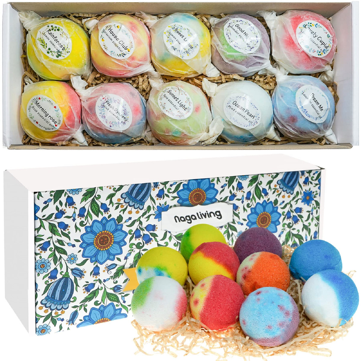 nagaliving front box showing ten bath bombs and eco-friendly packaging benefits