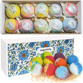 nagaliving front box showing ten bath bombs and eco-friendly packaging benefits