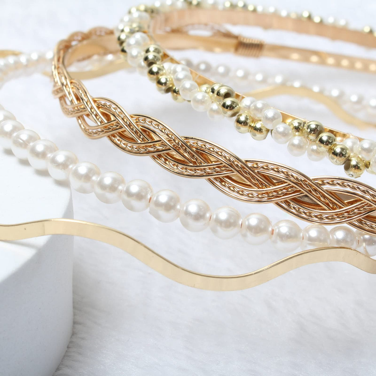 naibirdr pearl beaded headband close shot decorating hair with elegant texture