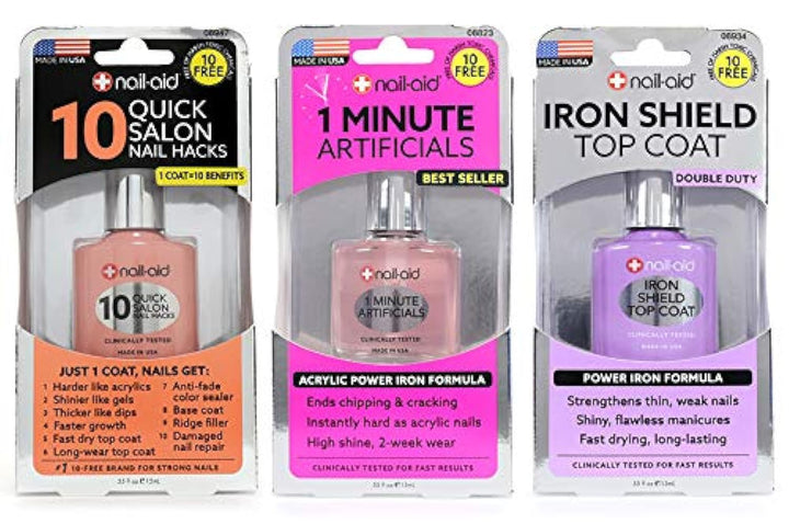 Nail-Aid front bottle showing clear iron shield top coat for chip resistance