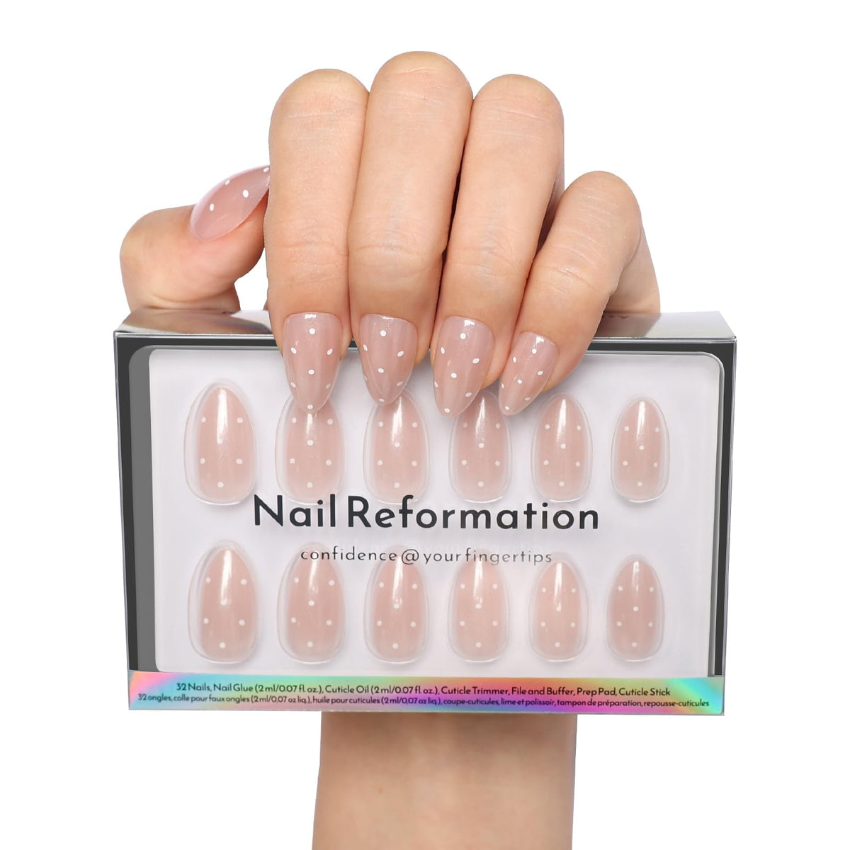 Nail Reformation front packaging showing Milk Dots polish-free convenience