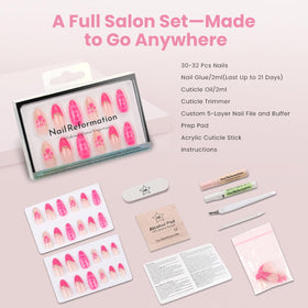 Vanity lifestyle shot with Nail Reformation press-ons styled for gifting and everyday wear