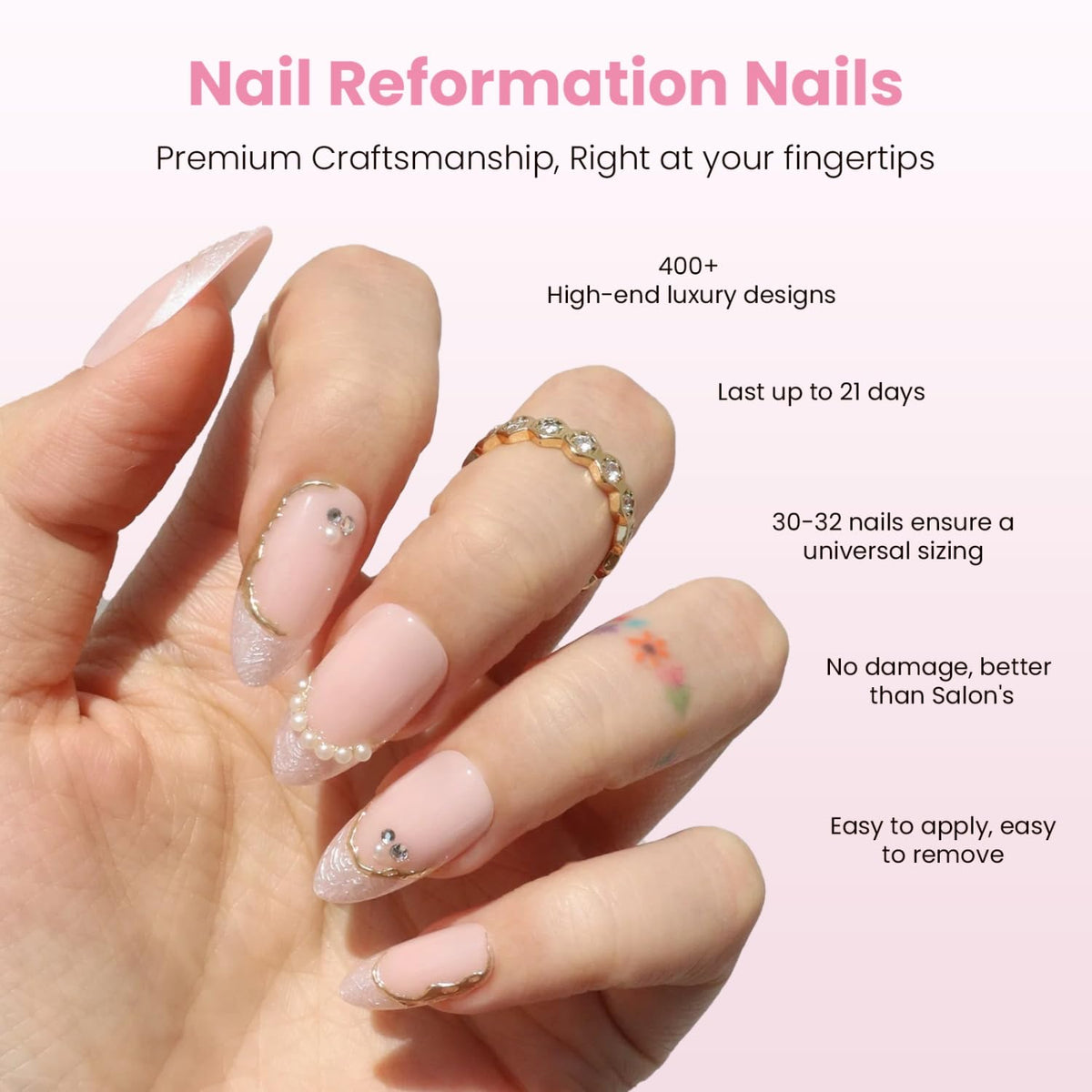 Nail Reformation single set close-up displaying almond shape and natural C-curve durability