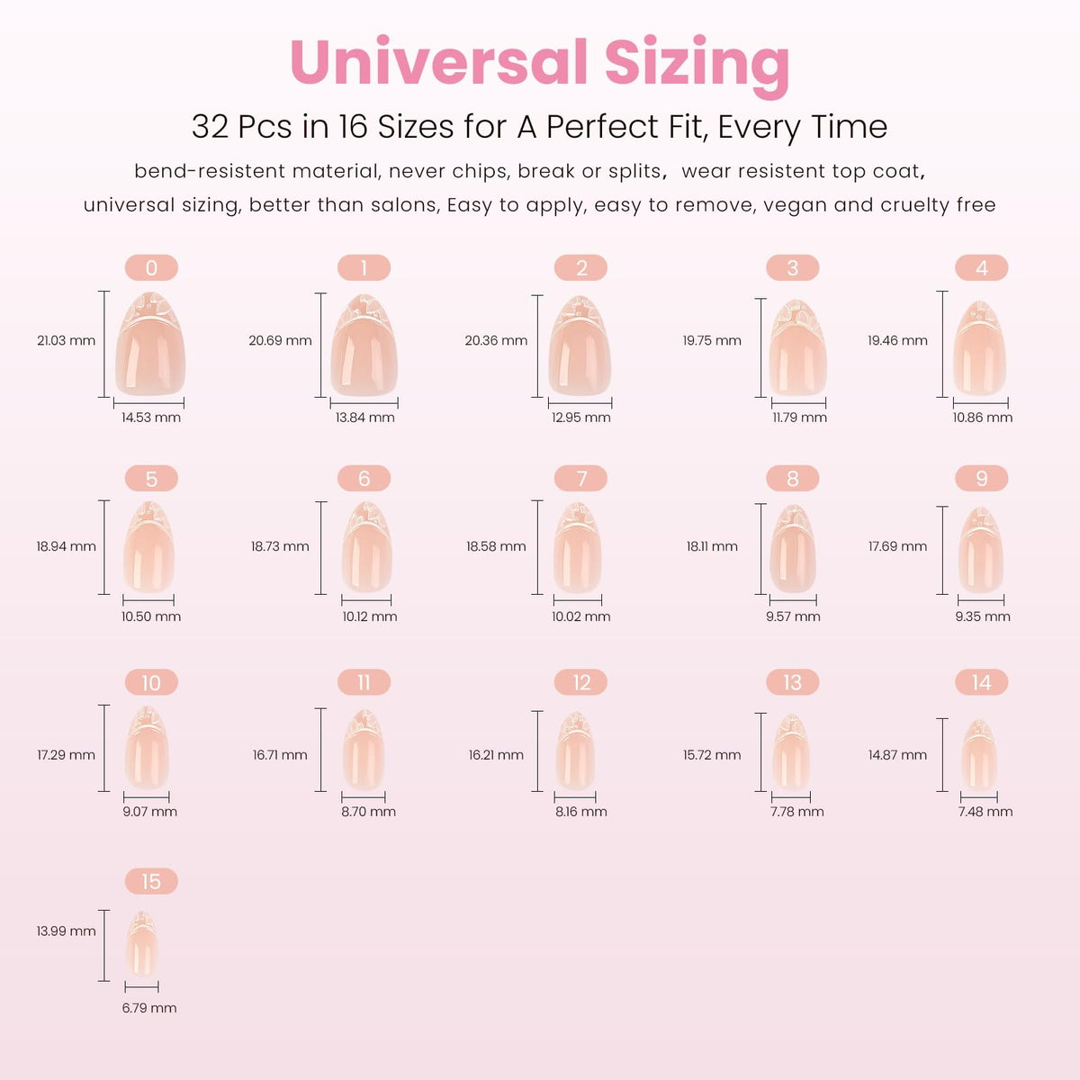 Nail Reformation spread of 16 sizes demonstrating fit options for every finger and secure adhesion