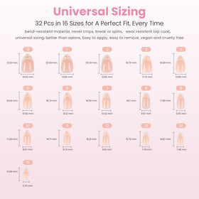 Nail Reformation spread of 16 sizes demonstrating fit options for every finger and secure adhesion