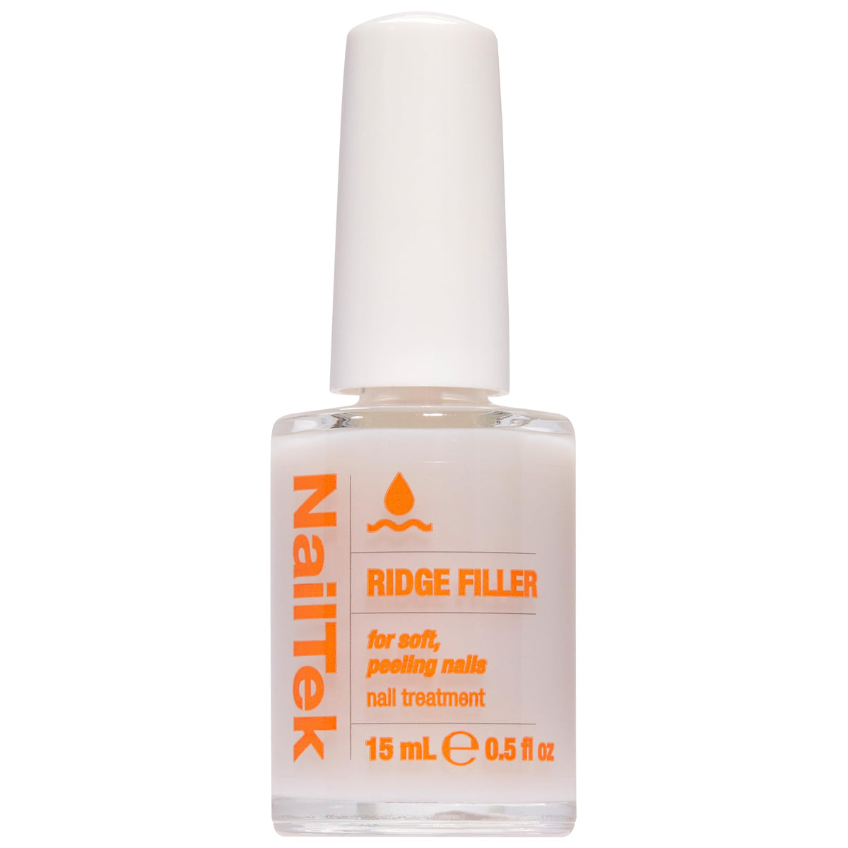 Nail Tek bottle front view showing clear ridge filler for polished finish