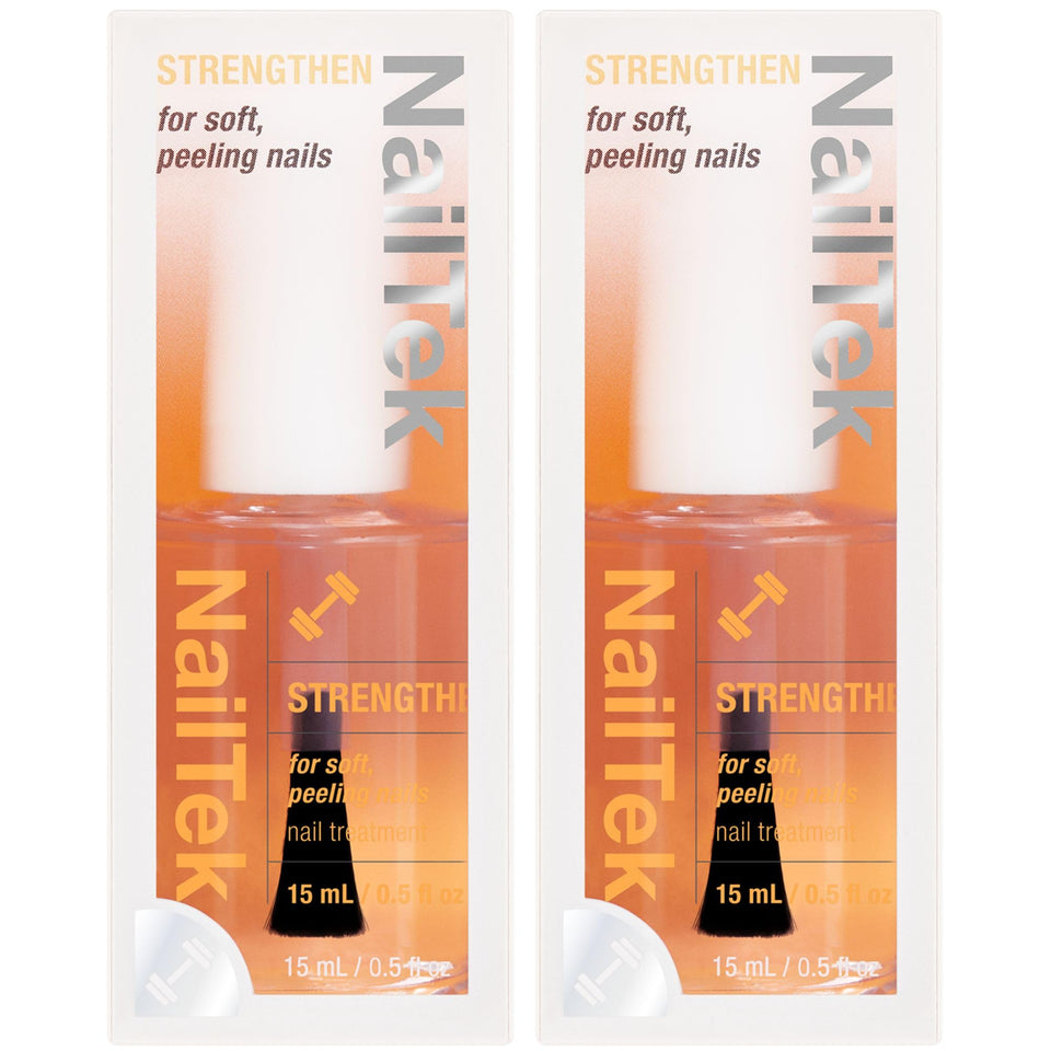 Nail Tek front packaging showing bottle and brush for strengthened nails