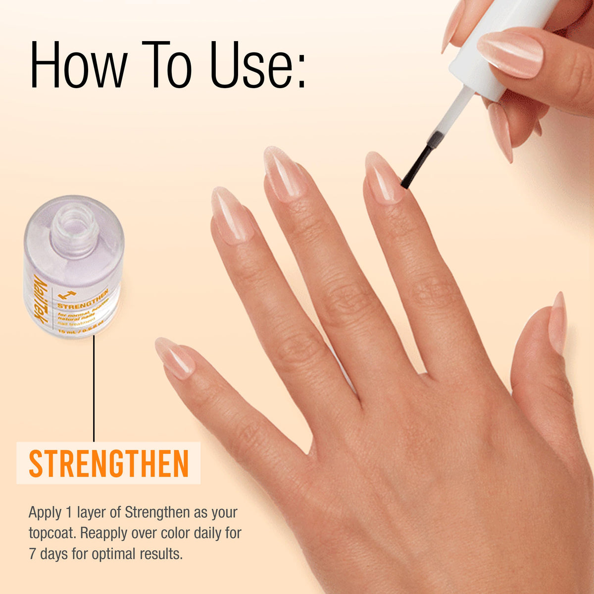 Nail Tek bottle next to a coin showing travel-friendly 15 mL size benefit