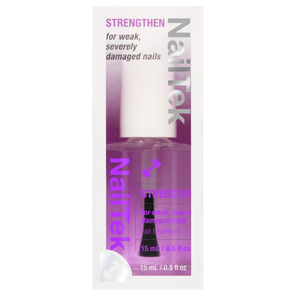 Nail Tek front bottle showing label and capacity, clear treatment benefits