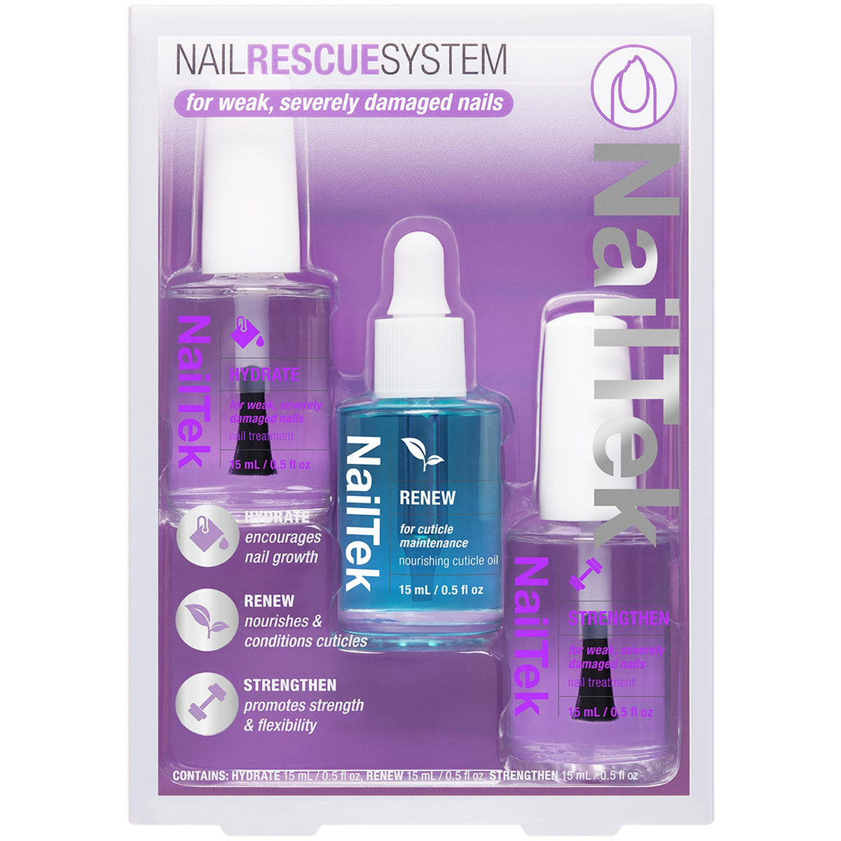 Nail Tek front packaging showing the three-step repair system for visible recovery