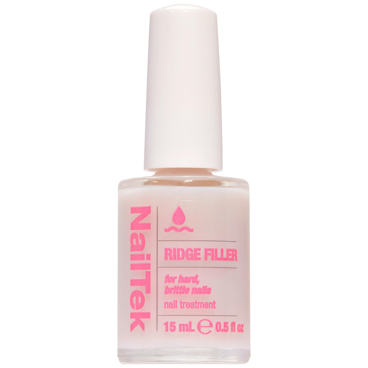 Nail Tek bottle front view showing clear ridge filler, smooth finish benefit