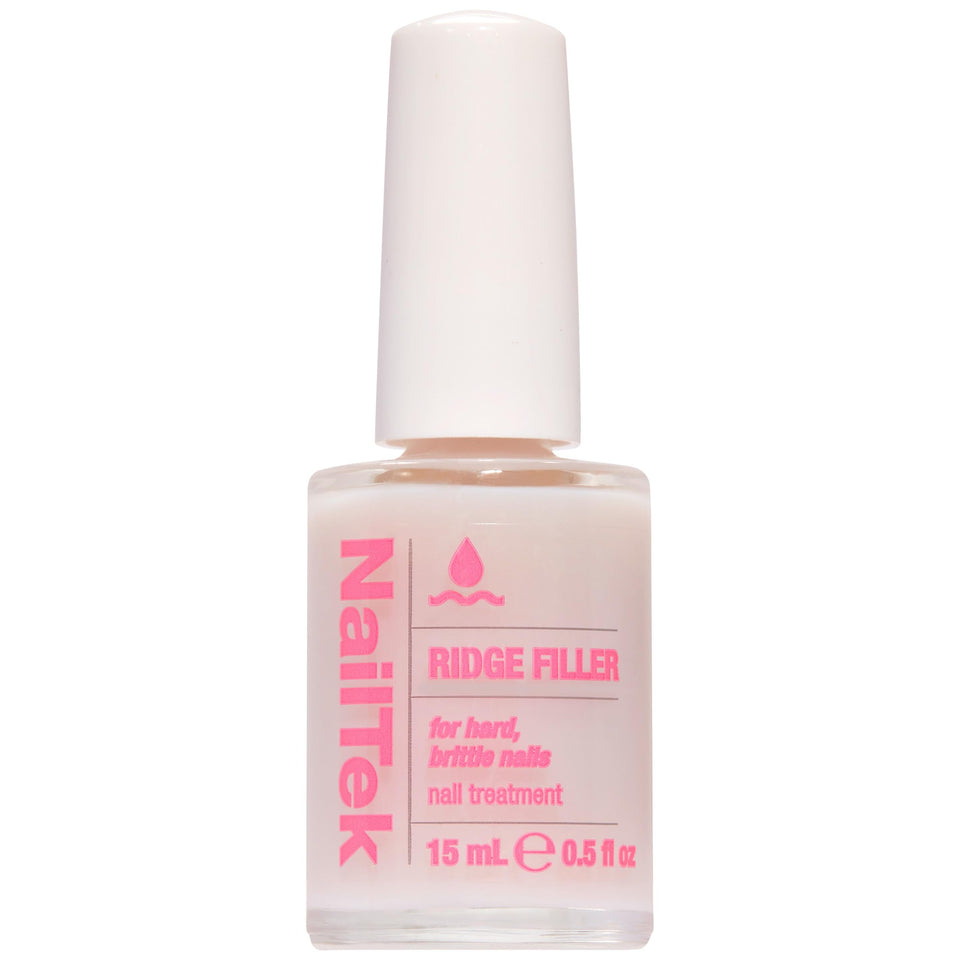 Nail Tek bottle front view showing clear ridge filler, smooth finish benefit