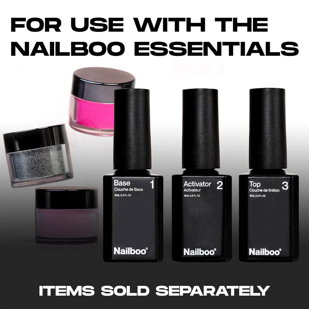 Nailboo powder with base and activator, kit setup for DIY applications