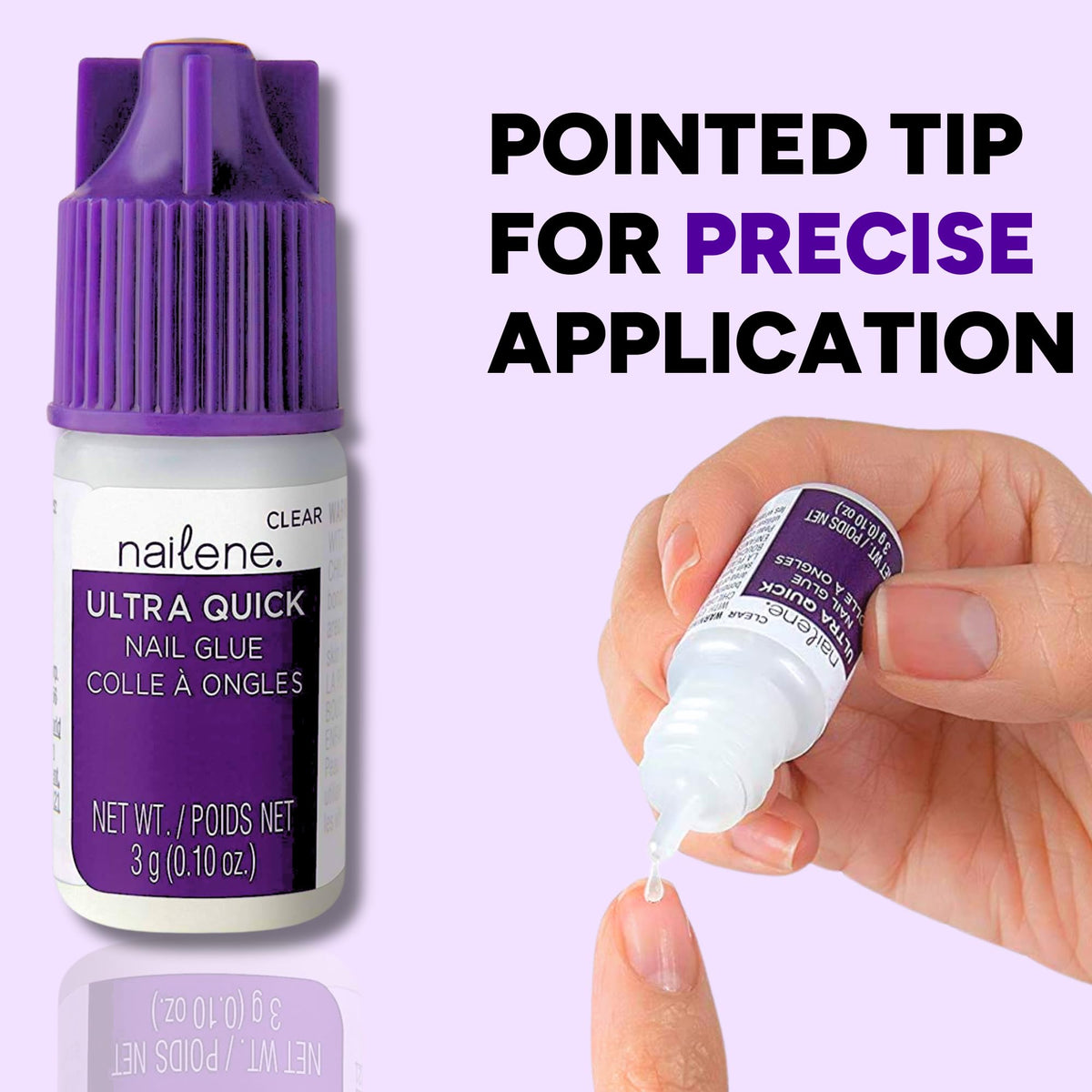 Nailene glue droplet on press-on nail demonstrating fast application