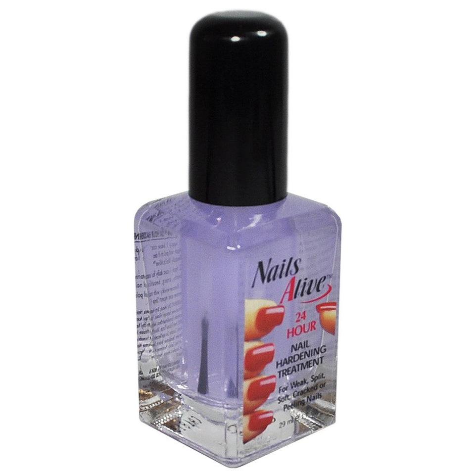 nails alive front bottle showing clear nail hardener and label for daily strength
