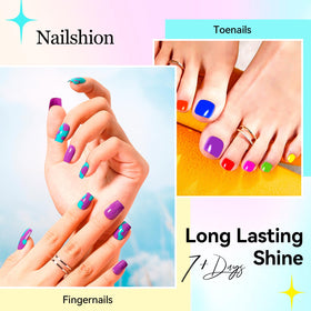 Nailshion base and top coat bottles displayed to show protection and shine benefits