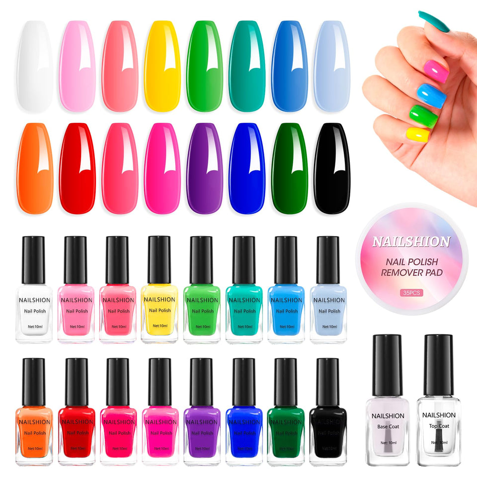 Nailshion front packaging display showing 16 colors and included accessories for variety