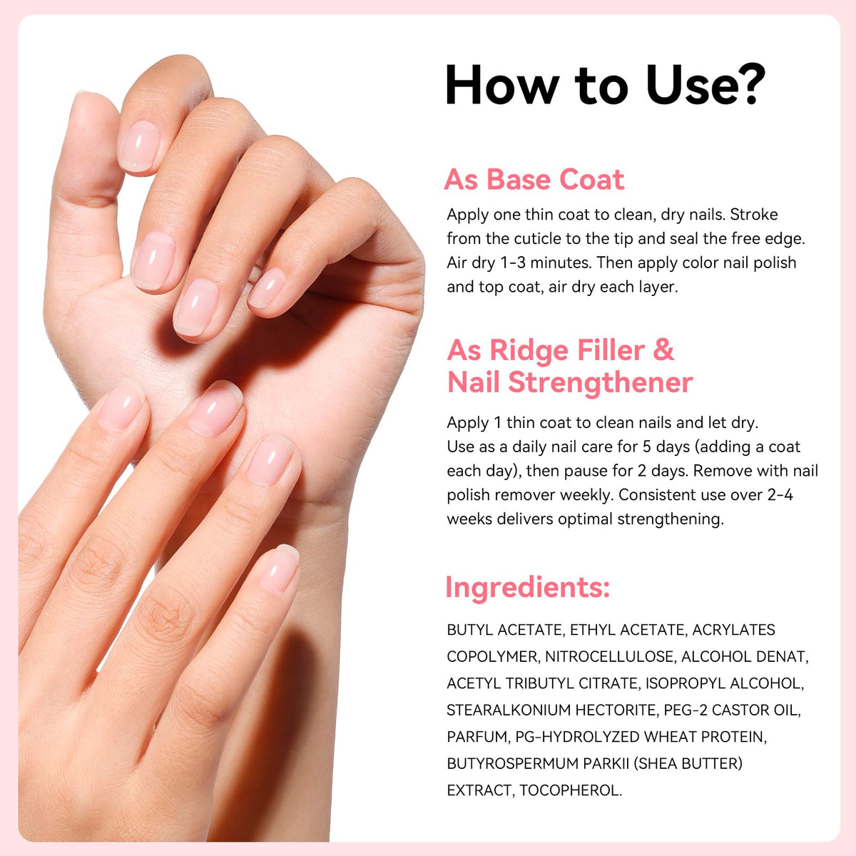 Nailshion ingredients flatlay with wheat protein and shea butter benefits