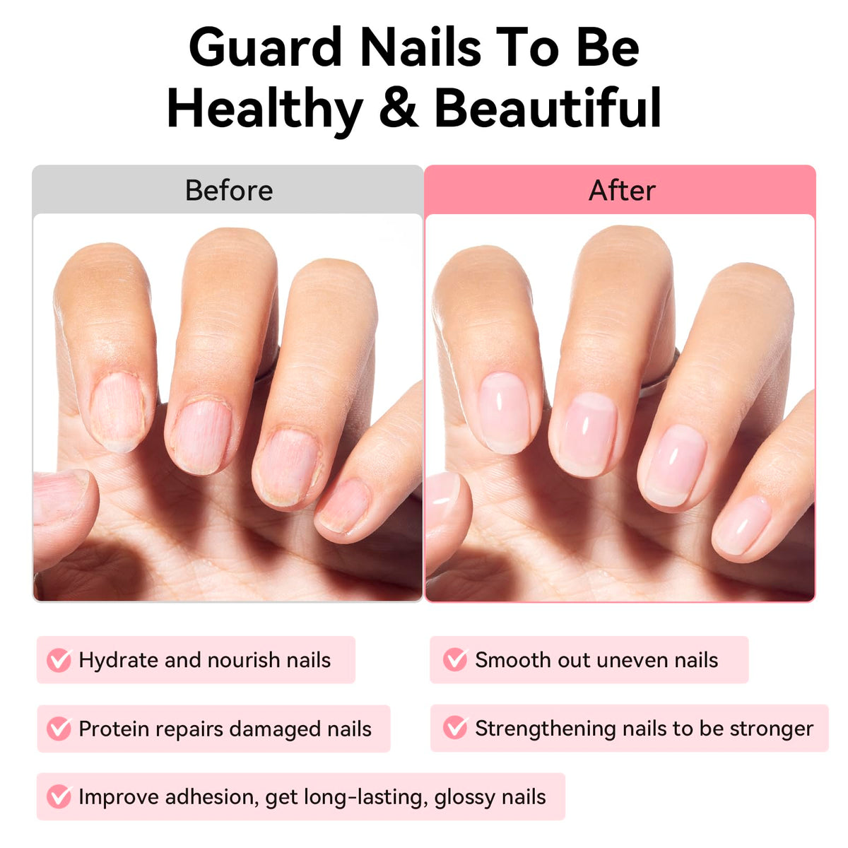Nailshion before and after on nails showing reduced ridges and polished look