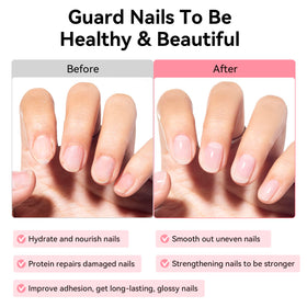 Nailshion before and after on nails showing reduced ridges and polished look