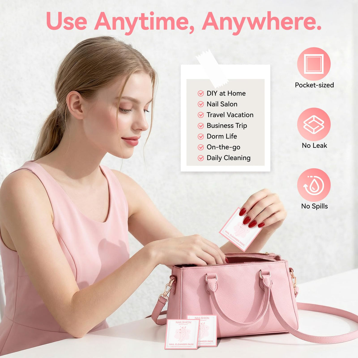 Nailshion pad cleaning a brush and bottle neck to keep salon tools residue-free
