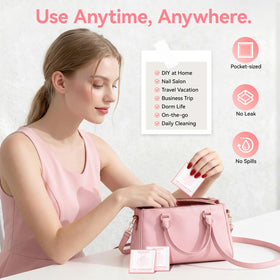 Nailshion pad cleaning a brush and bottle neck to keep salon tools residue-free