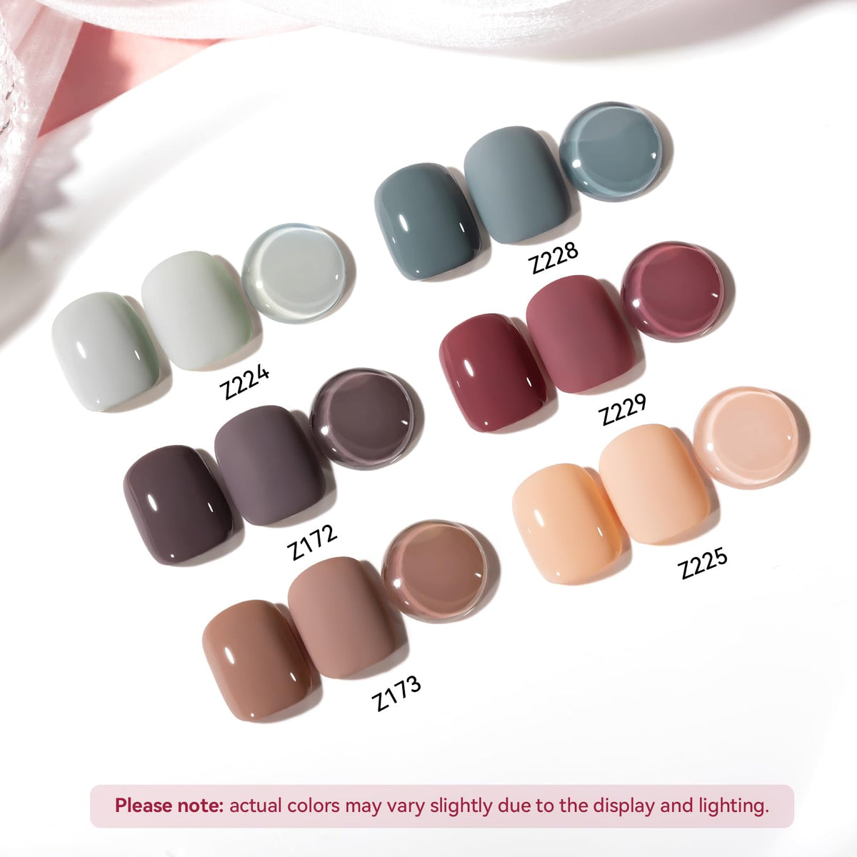 Nailshion closeup of the six shades arranged in a row highlighting smooth pigment payoff
