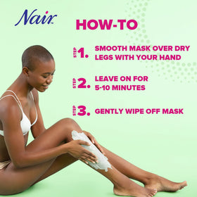 Applying Nair leg mask on a leg demonstrating easy at-home hair removal use