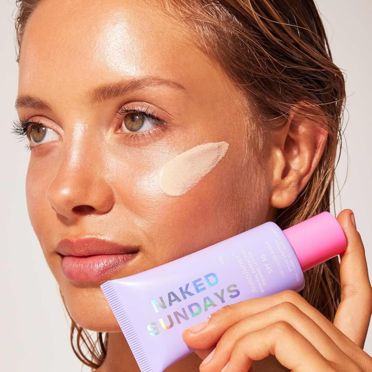 Naked Sundays applied on cheek showing blurring and pore-smoothing effect